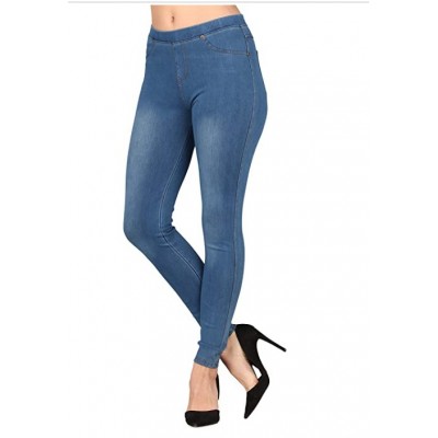 A Light Blue Wash/Gold Stitching Women’s Real Denim Skinny Jean Jeggings, Stretchable Cotton Blend Material