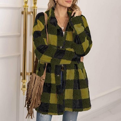 Womens Plaid Faux Shearling Coat Warm Lapel Coat Winter Sherpa Open Front Button Jacket