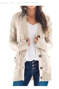 Women’s Long Sleeve Open Front Knitted Cardigan Sweater Button Down Chunky Outwear Coat